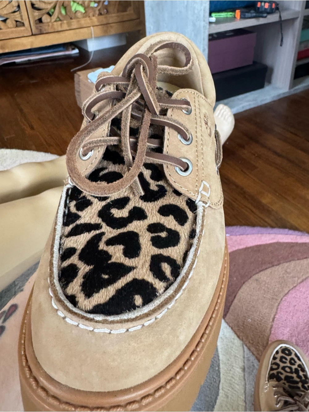 Timberland Tan Suede Boat Shoes with Leopard Print Vamp size 7 - Picture 10 of 12